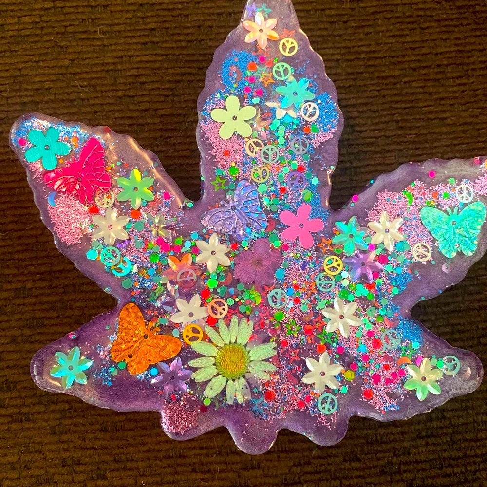 420 ashtray trinket tray holographic iridescent pressed flowers butterfl…